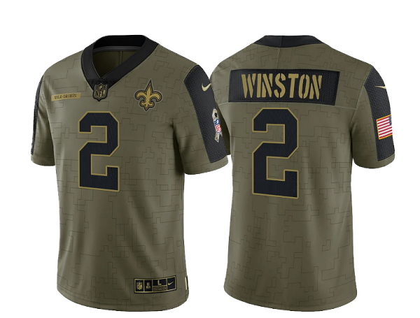 Men's New Orleans Saints #2 Jameis Winston 2021 Olive Salute To Service Limited Stitched Jersey Men's New Orleans Saints #2 Jameis Winston 2021 Olive Salute To Service Limited Stitched Jersey